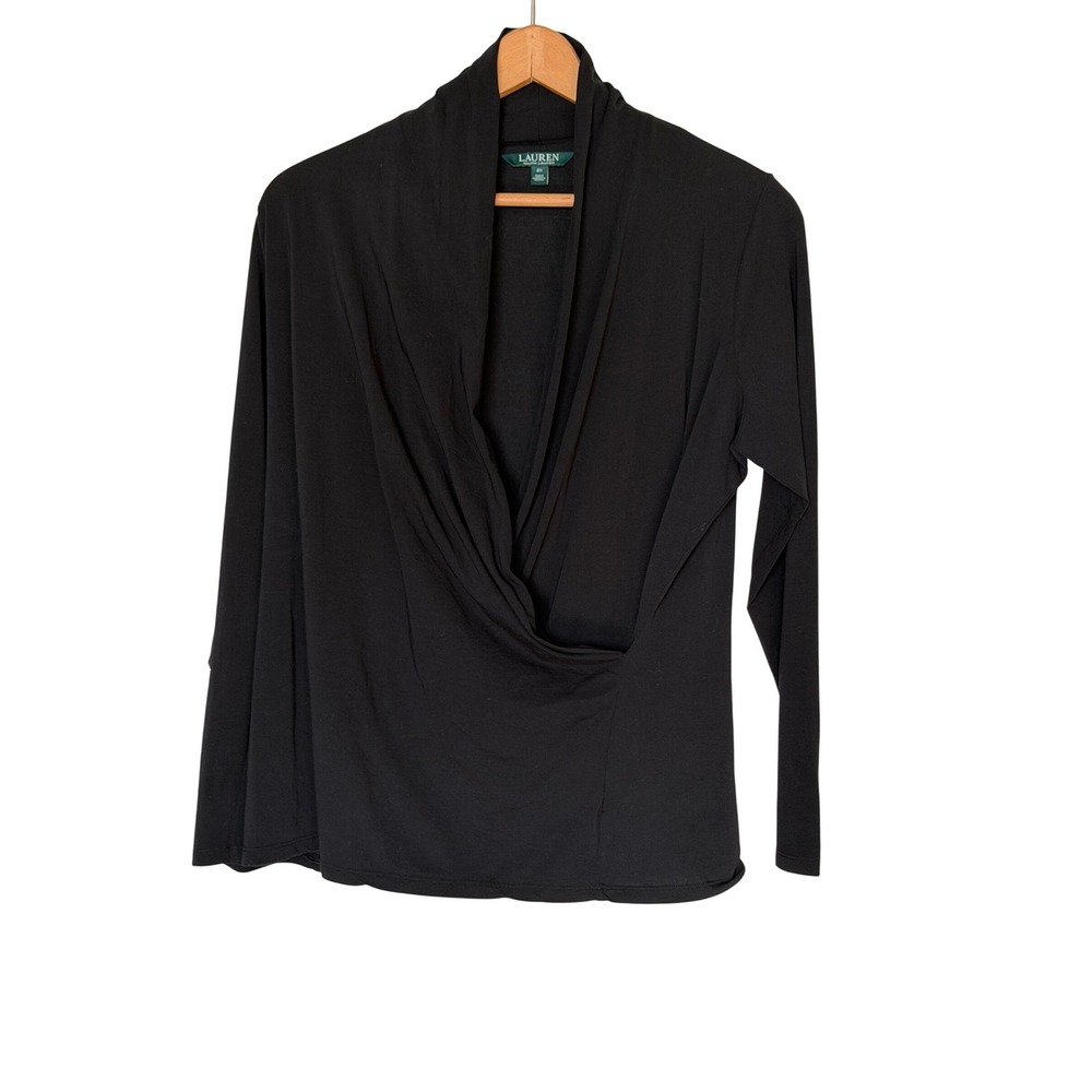 Lauren Ralph Lauren Top Women 2X Black Surplice Draped Mock Neck Long Sleeve